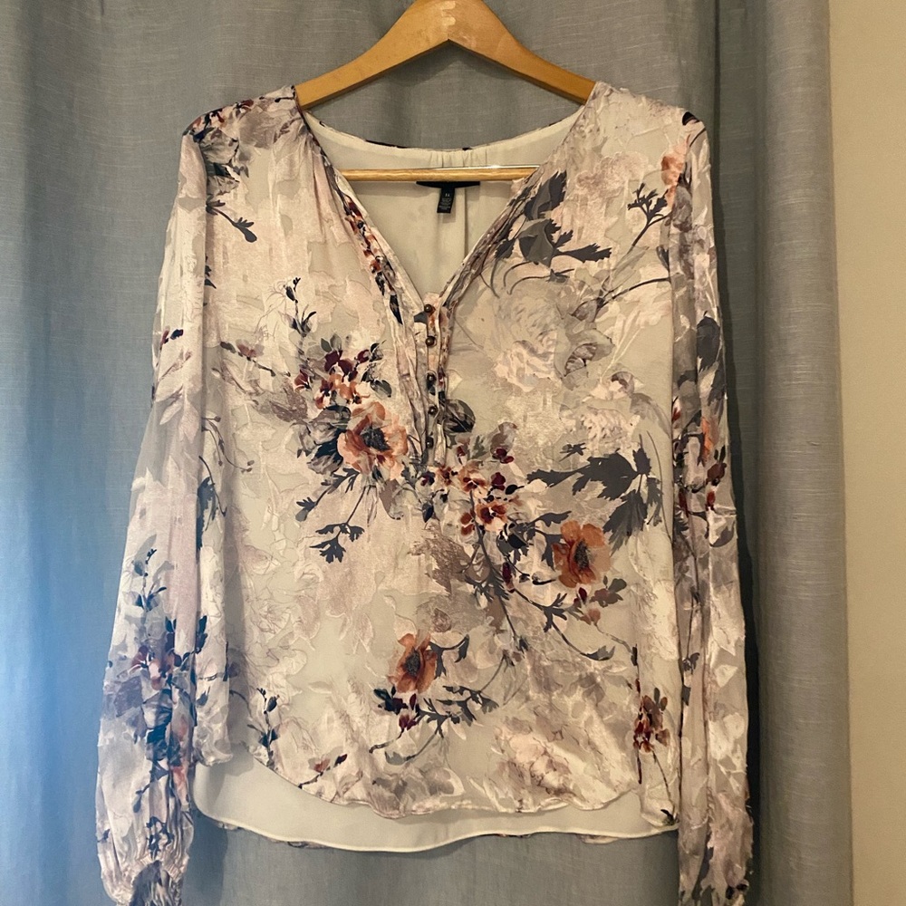 White House Black Market Floral Velvet Burnout Blouse Silk Size 14